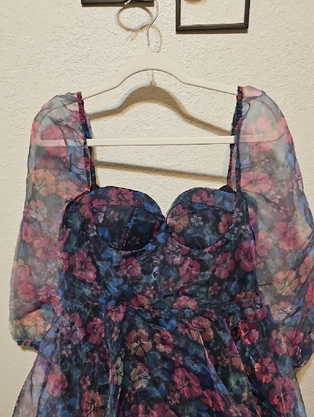 Sheer Floral Puff-Sleeve Mini Dress in Blue & Pink - Picture 2 of 9